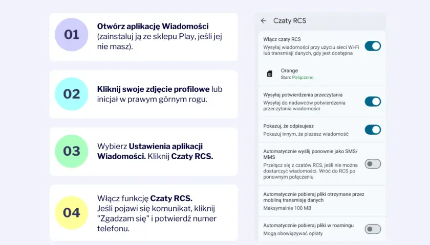 Jak włączyć czat RCS na Androidzie: otwórz Wiadomości, kliknij profil, wybierz Ustawienia, a następnie Czaty RCS. Potwierdź numer telefonu.