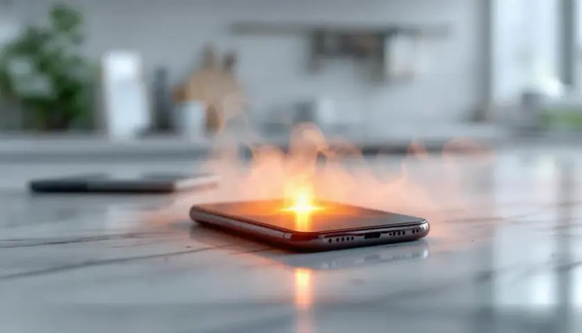 Telefon się nagrzewa, wydobywa się z niego dym i jasne światło.