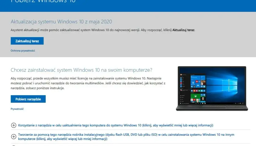 Strona pobierania Windows 10. Możesz zaktualizować system lub pobrać narzędzie do instalacji, co jest częścią historii plików Windows 10.