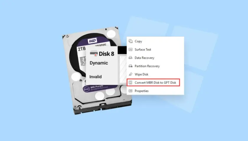 Jak zainicjować dysk SSD? Kliknij prawym przyciskiem myszy na dysk, wybierz "Konwertuj dysk MBR na dysk GPT".
